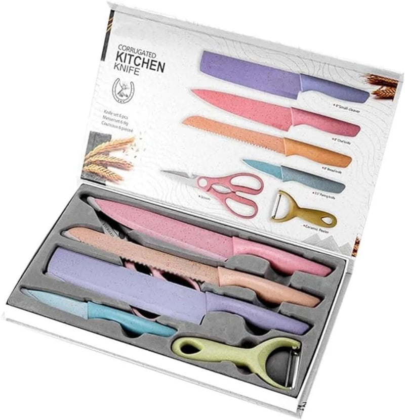 Conjunto Kit Facas Profissional Colorido em Aço Inoxidável com 6 Peças para Churrasco e Cozinha Kitchen Tesoura Facas