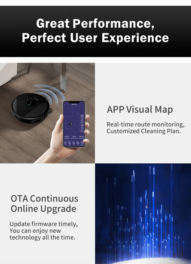 Robô aspirador de pó ABIR X6 com navegação visual tripla, sucção 6000pa, software de parede virtual, limpeza de zona, desinfecção com esfregão úmido, memória de mapa, compatível com Alexa, Google Home