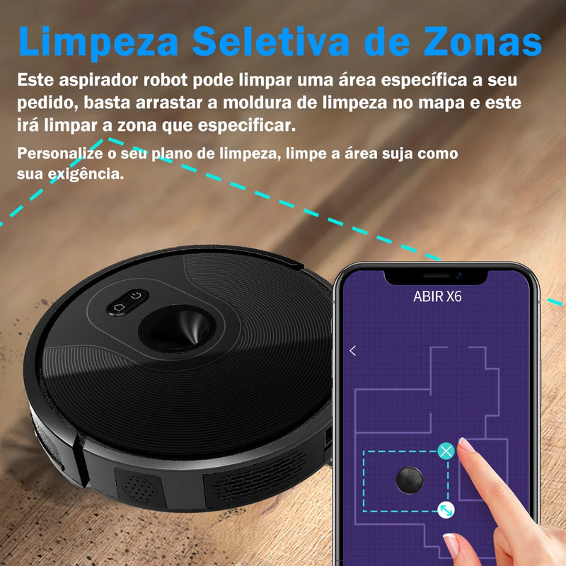 Robô aspirador de pó ABIR X6 com navegação visual tripla, sucção 6000pa, software de parede virtual, limpeza de zona, desinfecção com esfregão úmido, memória de mapa, compatível com Alexa, Google Home