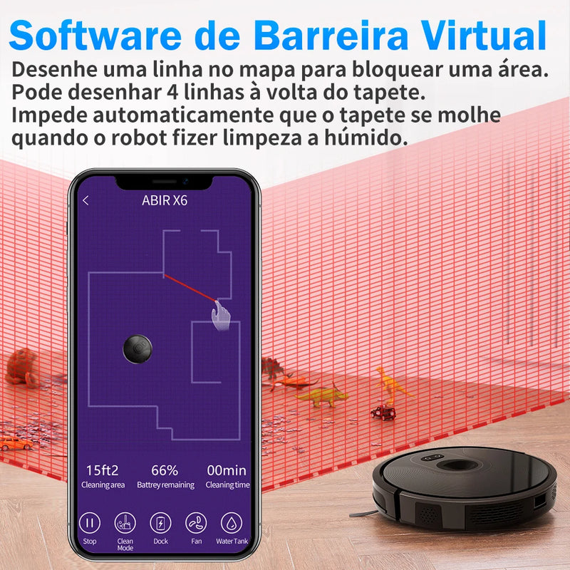 Robô aspirador de pó ABIR X6 com navegação visual tripla, sucção 6000pa, software de parede virtual, limpeza de zona, desinfecção com esfregão úmido, memória de mapa, compatível com Alexa, Google Home